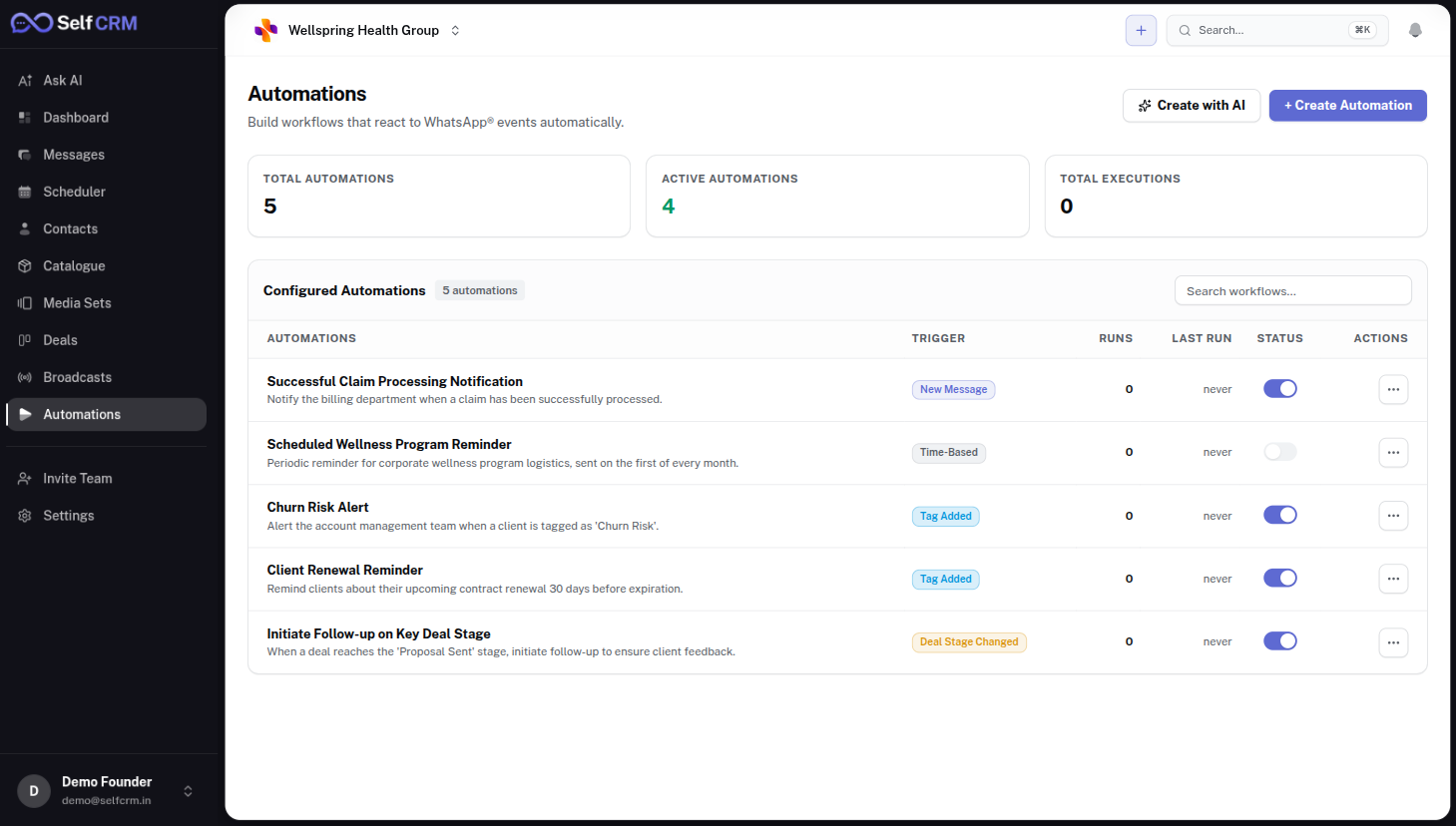 SelfCRM automations — trigger-based workflows that react to WhatsApp events