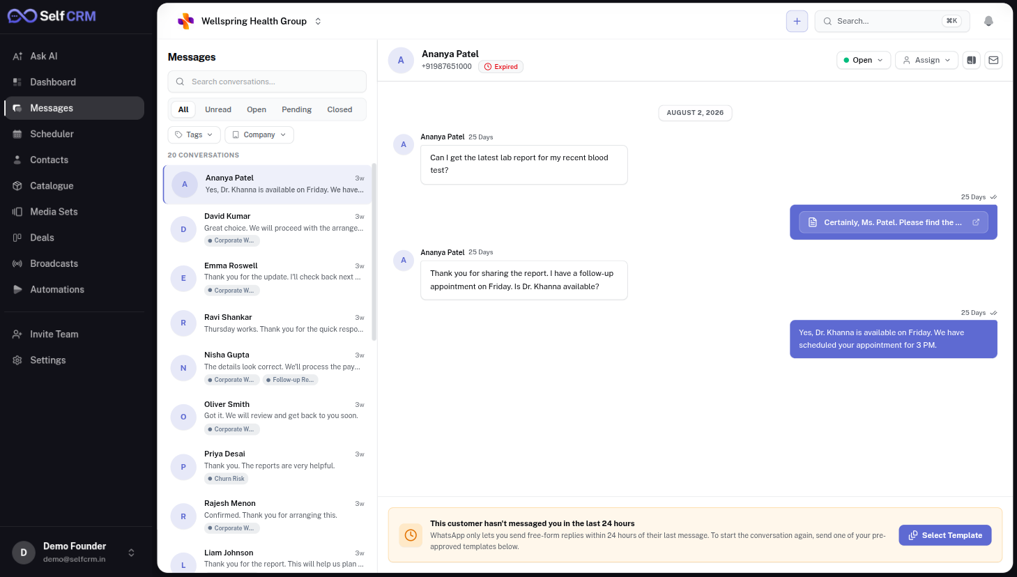 SelfCRM inbox — every WhatsApp conversation in one shared, assignable view